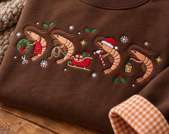 Christmas Shrimp Gingham Mock Neck Embroidered Sweatshirt, estive Seafood Sweater, Cozy Xmas Gift