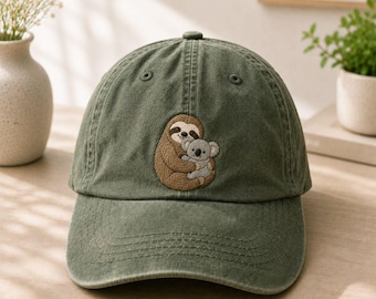 Sloth Hug Koala Embroidered Baseball Hat, Sloth Dad Hat, Wildlife Nature Gift