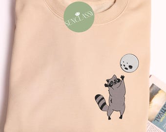 Cute Racoon Moon Embroidered Sweatshirt, Funny Racoon Tee, Racoon Lover Sweater, Natural Lover Shirt, Trash Panda, Racoon Vintage Shirt