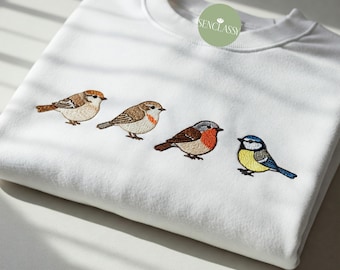 Felpa con uccello ricamato, maglietta minimalista con grazioso uccello, regalo per gli amanti della natura, girocollo con passero, pettirosso, cinciallegra, birdwatcher, ispirato al giardino