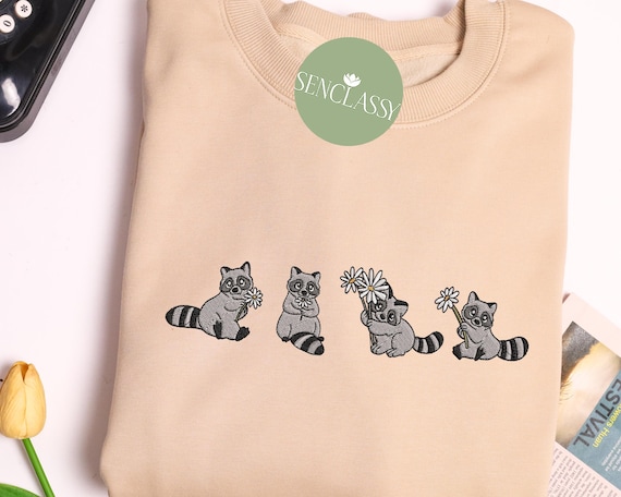 Racoons With Daisy Flowers Embroidered Sweatshirt, Vintage Floral Racoon Shirt, Racoon Lover Gifts, Cute Racoon Shirt, Boho Wildflowers Tee