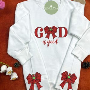 God Is Good Side Bow Embroidered Sweatshirt, Merry Side Bow Cut-Out Sweatshirt, Plaid Christmas Pullover, Trendy Coquette Bow Sweatshirt