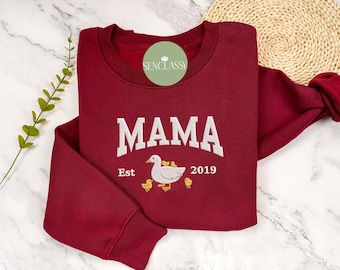 Embroidered Custom Mama Duck Sweater, Varsity Mama Personalized Child Name Crewneck, Mama Est Year Tee, New Mom Gift, Mom Life Sweatshirt