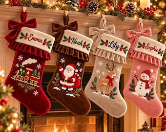 Personalized Luxury Velvet Christmas Stockings, Custom Embroidered Stocking, Santa Reindeer Snowman Holiday Stocking, Ruffle Christmas Decor