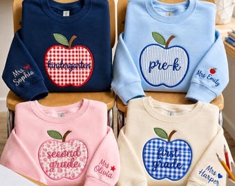 Personalized Teacher Embroidered Sweatshirt, Apple Applique Crewneck, Teacher Appreciation Gift