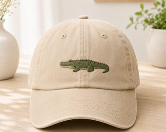 Alligator Embroidered Baseball Hat, Crocodile Dad Hat, Reptile Washed Cap, Wildlife Animal Lover Gift