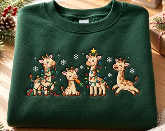 Christmas Giraffe Embroidered Sweatshirt, Four Festive Giraffes Crewneck, Christmas Lights and Snowflakes Shirt, Giraffe Lover Holiday Gift