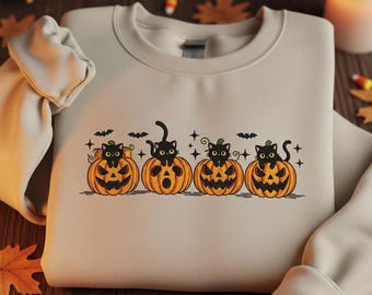 Sudadera bordada de gato negro de Halloween, linda calabaza de otoño, camiseta de otoño de temporada espeluznante, camiseta de murciélago, regalo para amantes de los gatos
