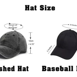 May include: Two black baseball caps, one with a washed look and one with a structured brim. The caps are shown with measurements in inches and centimeters.