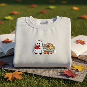 Embroidered Ghost Book Sweatshirt, Ghost Reading Books Sweatshirt, Fall Book Club Crewneck, Book Lover sweatshirt, Cute Halloween shirt