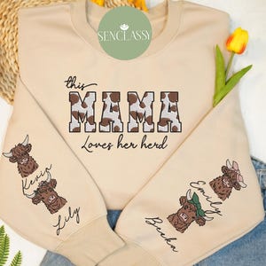 Embroidered Custom Cow Mama Love Her Herd Sweatshirt, Personalized Highland Cow Mom Sleeve, Custom Farmer Sweater, Kid Names On Sleeve