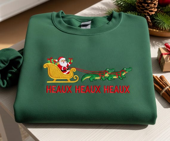 Cajun Christmas Alligator Embroidered Sweatshirt | Funny Santa Sleigh Holiday Sweater, Heaux Heaux Heaux Crewneck Gift for Women