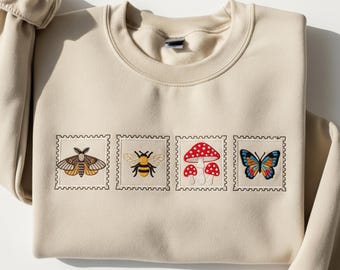 Embroidered Mushroom Insect Shirt Cottagecore Bug Tee Vintage Stamp Sweatshirt Aesthetic Moth Butterfly Beetle Nature Lover Gift Top