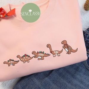 Dinosaur Gingerbread Christmas Embroidered Sweatshirt, Dino Family Crewneck  Embroidery, Adult Dinosaur Shirt, Christmas Animal Gift For Her