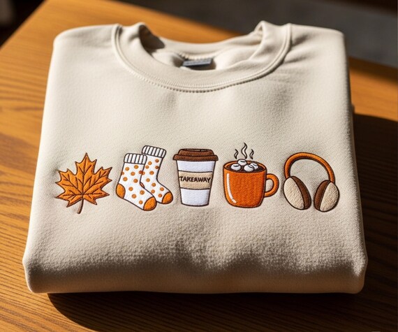Fall Icons Embroidered Sweatshirt, Cozy Autumn Crewneck, Cute Thanksgiving Sweater, Pumpkin Spice Fall Shirt, Cozy Season Women’s Hoodie
