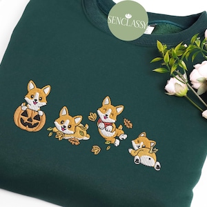 Geborduurde Corgi met herfstbladeren sweatshirt, schattige hond geborduurd, huisdier borduurshirt, cadeau voor dierenliefhebber, hondenliefhebber shirt, herfstcadeau