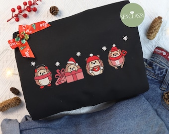 Embroidered Hedgehog Christmas Sweatshirt, Woman Holiday Sweater, Hedgehog Gifts, Funny Animal Christmas Crewneck, Woodland Christmas Shirt
