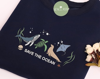 Bluza z haftem „Ratuj oceany”, sweter z wyrazami szacunku dla dzikiej przyrody, prezent dla miłośnika zwierząt morskich, prezent dla miłośnika oceanów, bluza z kapturem z wielorybem, prezent dla biologa morskiego