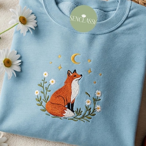 Aesthetic Fox Moon Art Embroidered Sweatshirt, Floral Daisy Embroidered Design Crewneck Sweater, Cute Nature Forest Fox Minimalist Jumper