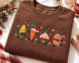 Christmas Vegetable Embroidered Sweatshirt, Corn Carrot Garlic Potato Holiday Crewneck, Funny Veggie Shirt, Christmas Gift