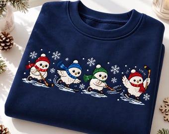 Owl Hockey Christmas Embroidered Sweatshirt, Ice Skating Owl Crewneck, Snowy Woodland Bird Shirt, Hockey Lover Christmas Gift