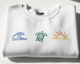 Minimalist Beach Embroidered Sweatshirt, Starfish Coral Wave Icons Crewneck, Coastal Summer Shirt, Ocean Lover Gift for Girl Trips