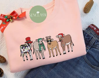 Niedliches Kuh Weihnachten leicht gesticktes Sweatshirt, Bauernhof Weihnachtshemd, Frau Urlaub Pullover, Kuh Liebhaber Weihnachtsgeschenk, Frau Kuh Weihnachtsgeschenk für