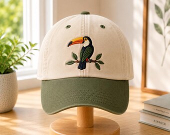 Toucan Embroidered Baseball Cap, Tropical Bird Hat, Bird Lover Gift, Jungle Wildlife Dad Hat, Nature Embroidered Cap