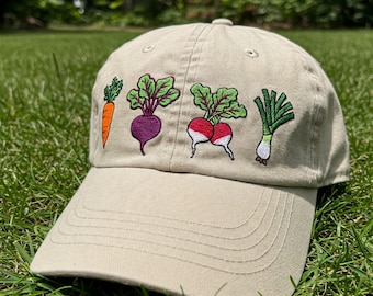 Embroidered Vegetable Dad Hat, Gardening Cotton Baseball Cap, Carrot Beet Radish Scallion Hat, Organic Vegan Gift, Farmer Garden Cap for Mom
