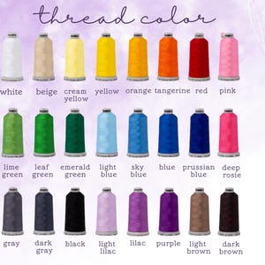 Pu&ograve; includere: Un'immagine che mostra una tabella dei colori dei rocchetti di filo. Il testo "thread color" &egrave; in alto. La tabella include una variet&agrave; di colori come bianco, beige, giallo, arancione, rosso, rosa, verde, blu, viola e marrone.