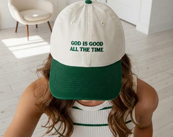 God is goed de hele tijd geborduurde snapback tweekleurige crèmekleurige hoed, aangepaste christelijke truckerhoed, geloofshoed voor vrouwen, religieuze hoed voor haar