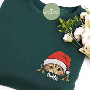 Aangepaste kat gezicht kerst geborduurd sweatshirt, gepersonaliseerd huisdier gezicht kerst trui, koosnaam trui, kattenliefhebber kerst trui