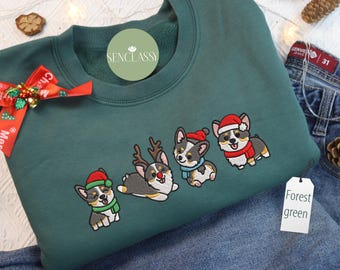Tri Colored Corgi Christmas Embroidered Sweatshirt, Dog Owner Christmas Gift, Corgi Mom Xmas Shirt, Holiday Sweater For Woman, Merry Dogmas