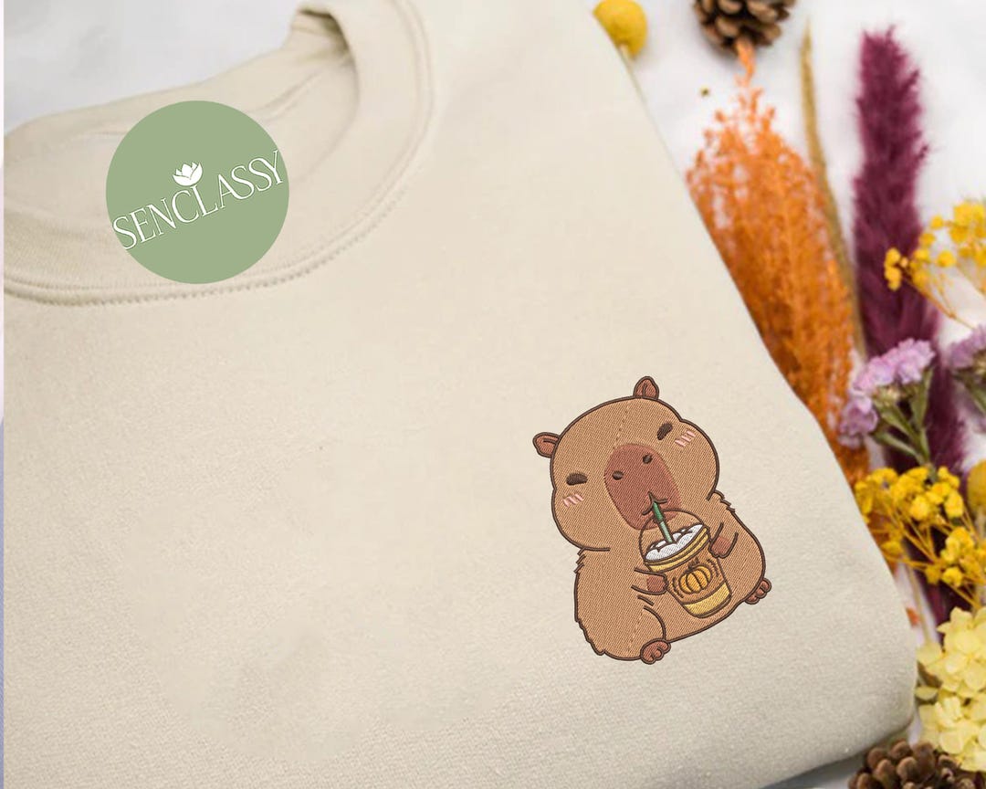Thanksiving Capybara Capybara Drinking Pumpkin Spice Latte Fall Coffee Embroidered ...