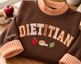 Personalized Dietitian Gingham Mock Neck Embroidered Sweatshirt, Applique Sweater, Registered Dietitian Gift