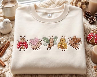 Ladybug Gingerbread Embroidered Sweatshirt, Christmas Ladybug Crewneck, Cottagecore Christmas Gift
