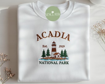 Acadia National Park Embroidered Sweatshirt, Bar Harbor Maine Crewneck, Retro Lighthouse Hoodie, Granola Girl Aesthetic Gift Tee for Women