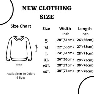 May include: Size chart for clothing with measurements in inches and centimeters. Sizes include S, M, L, XL, 2XL, and 3XL.  The chart shows the width and length of each size.