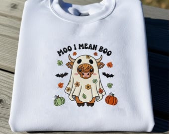 Moo I Mean Boo Geist Kuh Halloween Shirt, lustiges westliches Kuh Sweatshirt, süßes gruseliges Geschenk für Frauen, Herbst Halloween Party T-Shirt
