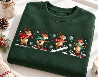 Reindeer Skiing Christmas Embroidered Sweatshirt, Winter Sports Deer Holiday Crewneck, Snow Skiing Reindeer Shirt, Christmas Gift