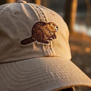 Puede incluir: Una gorra de béisbol de color beige con un castor marrón bordado en la parte delantera.