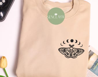 Mystische Luna Mond Motte Bestickte Sweatshirt, Vintage Motte, Schmetterling Liebhaber Geschenk, Cottagecore Shirts, Motten Rassen Geschenk für Entomologen