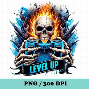 May include: A blue and black video game controller held by a skeletal hand with flames behind it. The text "LEVEL UP" is on a black ribbon.