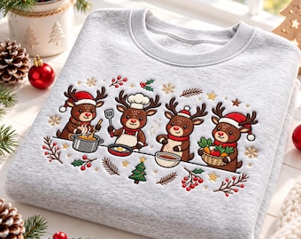 Reindeer Christmas Embroidered Sweatshirt, Christmas Baking Reindeer Crewneck, Holiday Cooking Deer Shirt, Christmas Gift