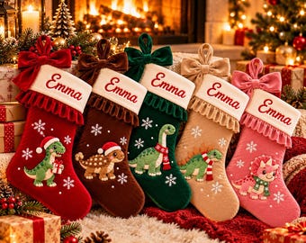 Custom Embroidered Dinosaur Christmas Stockings, Personalized Luxury Velvet Stocking, Kids Christmas Gift, Ruffle Holiday Mantel Decor