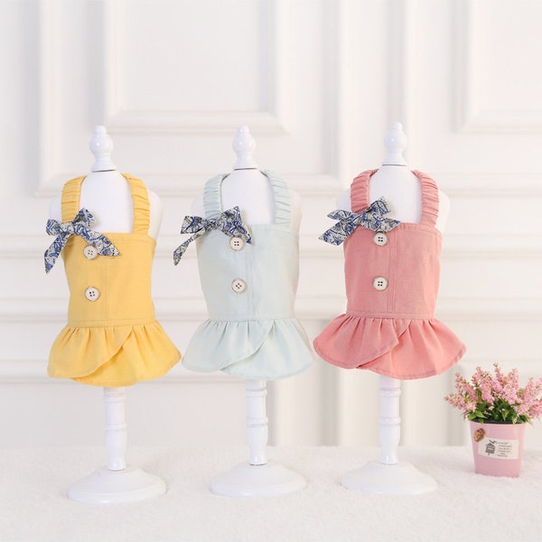 Cute Dog Clothes for Small Dogs Cat Clothes Chihuahua Dachshund Summer Dresses Pet Puppy Sleeveless Dress with bow Yellow Pink Blue - Amelia