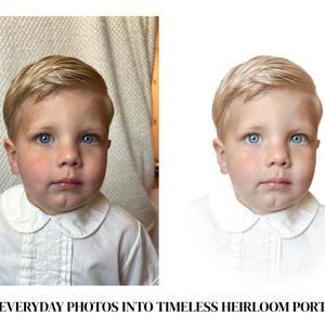 May include: A side-by-side comparison of a young child with blonde hair and blue eyes wearing a white collared shirt, with the original photo on the left and a digitally edited version on the right. Text reads: TURN EVERYDAY PHOTOS INTO TIMELESS HEIRLOOM PORTRAITS.