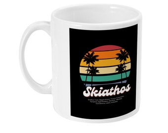 Skiathos Retro Print Mug, Greek Inspired Mug, 11oz Mug, Coffee Mug, Souvenir Mug. Holiday Mug, Beach Mug. Gift Mug.