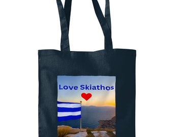 Love Skiathos Flag Tote Bag.  100% cotton, Shopper Style, Greek Inspired, Holiday, Summer, Beach.