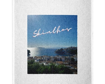 Skiathos Town & Sea View Print Tea Towel. Souvenir, Gifting, Kitchen Wear.